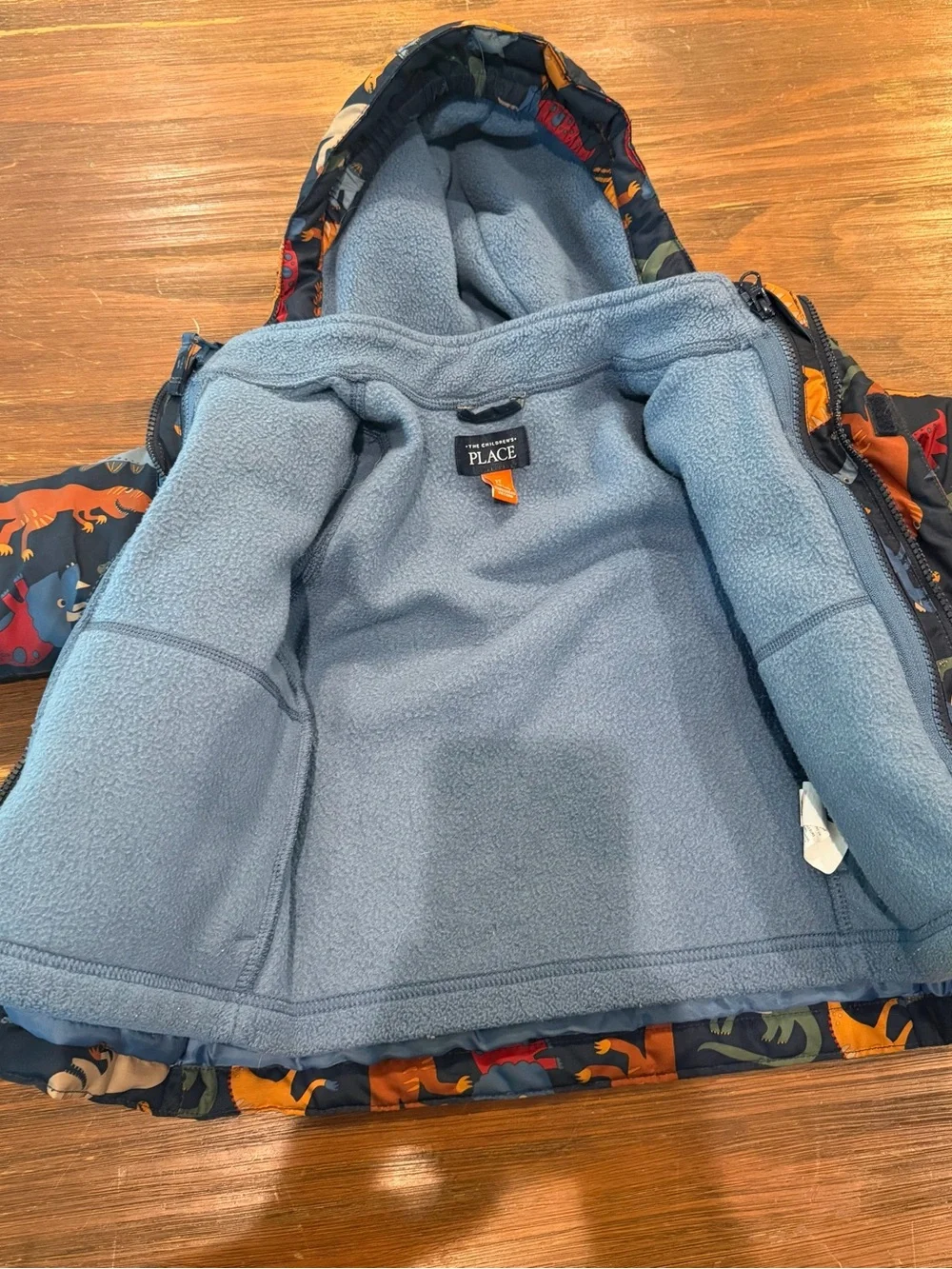 The Children's Place Navy Hooded Puffer Jacket with Multicolor Dinosaur Print